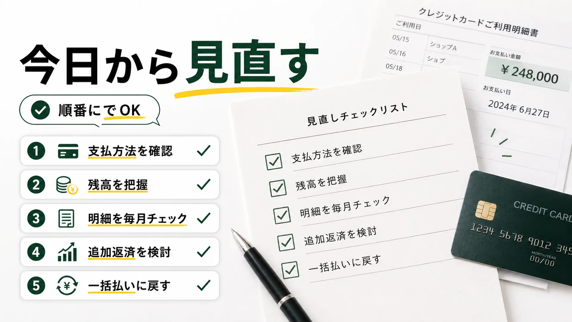 今日から見直す。支払方法を確認、残高を把握、明細を毎月チェック、追加返済を検討、一括払いに戻すというチェックリスト。