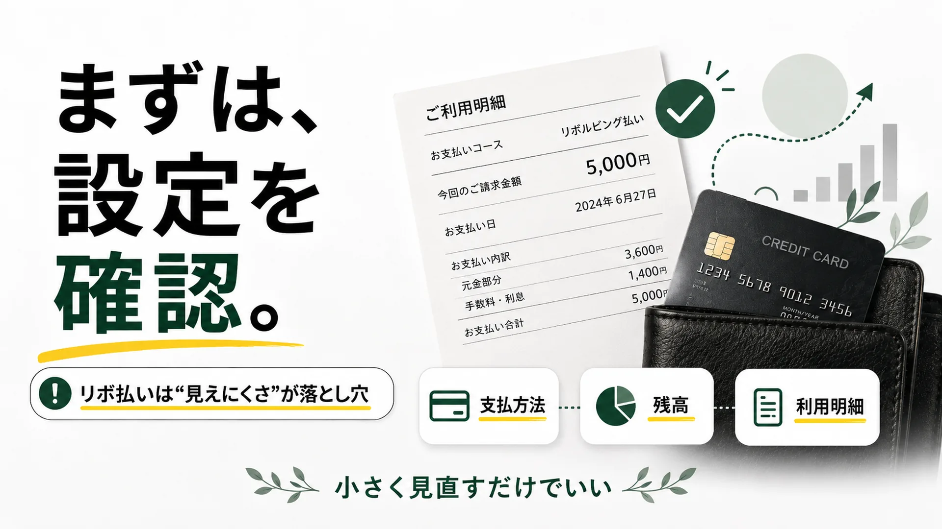 まずは、設定を確認。支払方法、残高、利用明細を確認することを促すまとめ画像。